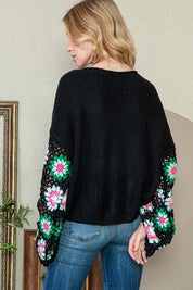 Women's Black Floral Crochet Bell Sleeve Sweater