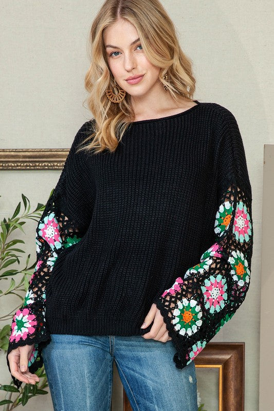 Women's Black Floral Crochet Bell Sleeve Sweater