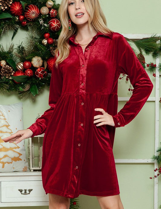 Women's Long Sleeve Velvet Button-Down Dress