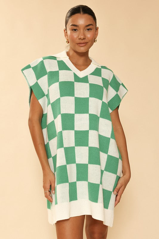 Women's Checkered Knit Poncho with V Neck and Side Slits