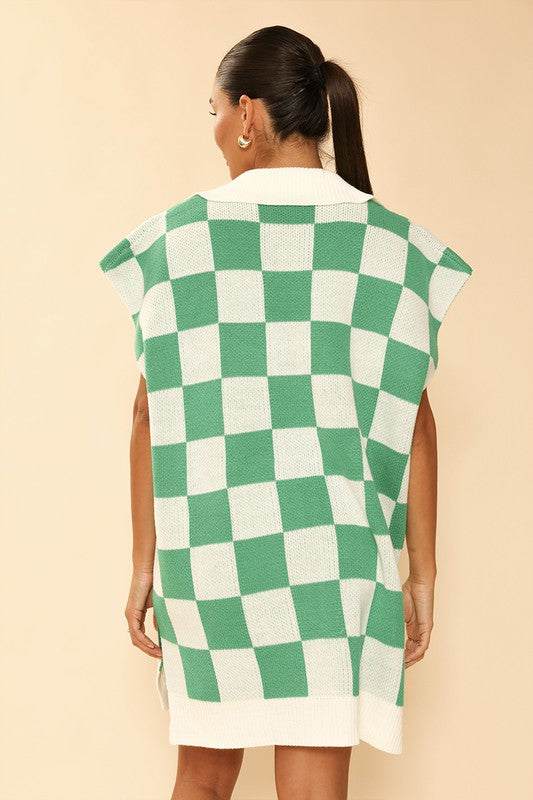 Women's Checkered Knit Poncho with V Neck and Side Slits