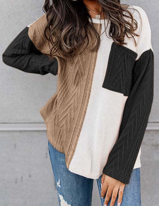 Cable knit color block round neck sweater