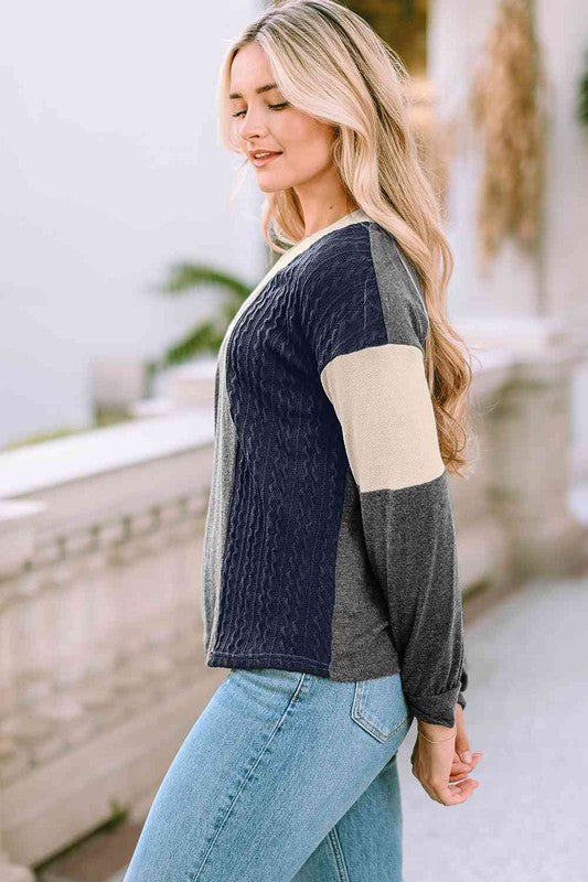 Women's Casual Color Block Cable-Knit Sweater