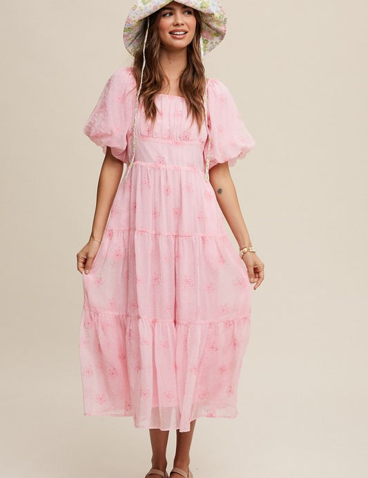 Flower Embroidered Puff Sleeve Tiered Maxi Dress