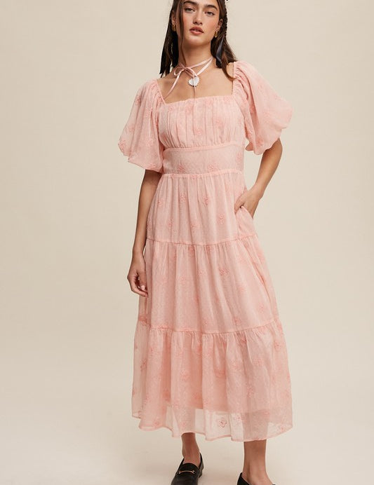 Flower Embroidered Puff Sleeve Tiered Maxi Dress