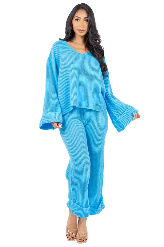 Women's V-Neck Bell Sleeve Sweater and Wide Leg Pants Set