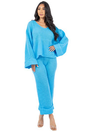 Women's V-Neck Bell Sleeve Sweater and Wide Leg Pants Set