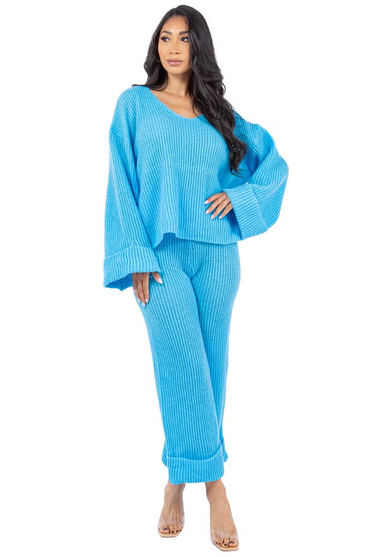 Women's V-Neck Bell Sleeve Sweater and Wide Leg Pants Set