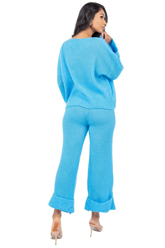 Women's V-Neck Bell Sleeve Sweater and Wide Leg Pants Set