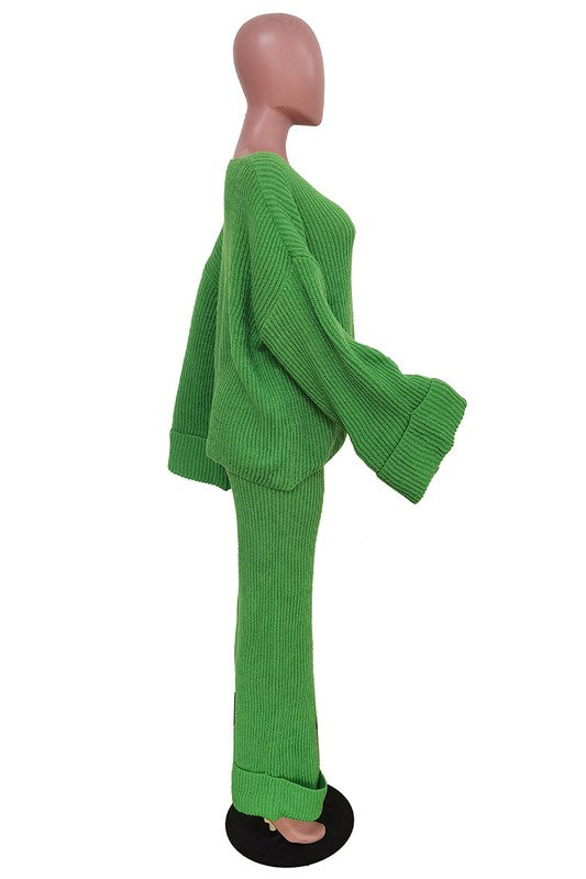 Women's V-Neck Bell Sleeve Sweater and Wide Leg Pants Set