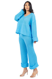 Women's V-Neck Bell Sleeve Sweater and Wide Leg Pants Set