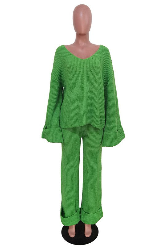 Women's V-Neck Bell Sleeve Sweater and Wide Leg Pants Set