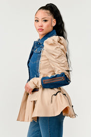 Women's Peplum Denim Jacket with Puffy Sleeves