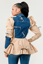 Women's Peplum Denim Jacket with Puffy Sleeves