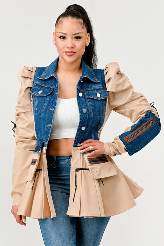 Women's Peplum Denim Jacket with Puffy Sleeves