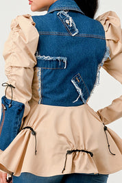 Women's Peplum Denim Jacket with Puffy Sleeves