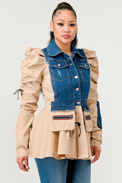 Women's Peplum Denim Jacket with Puffy Sleeves