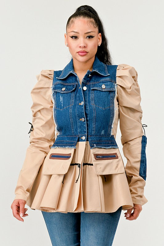 Women's Peplum Denim Jacket with Puffy Sleeves