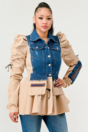 Women's Peplum Denim Jacket with Puffy Sleeves