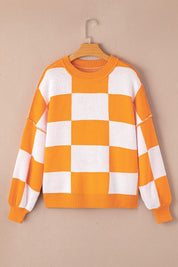 Women's Elegant Pink Checkered Bishop Sleeve Sweater