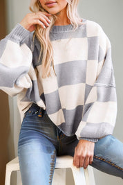 Women's Elegant Pink Checkered Bishop Sleeve Sweater