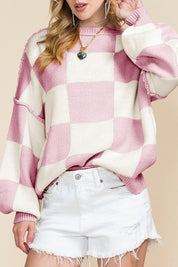 Women's Elegant Pink Checkered Bishop Sleeve Sweater