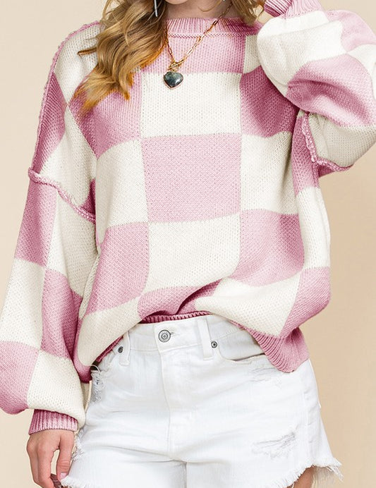 Women's Elegant Pink Checkered Bishop Sleeve Sweater