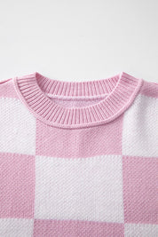 Women's Elegant Pink Checkered Bishop Sleeve Sweater