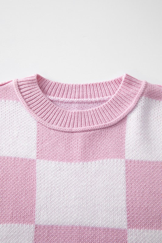 Women's Elegant Pink Checkered Bishop Sleeve Sweater