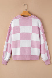 Women's Elegant Pink Checkered Bishop Sleeve Sweater