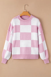 Women's Elegant Pink Checkered Bishop Sleeve Sweater