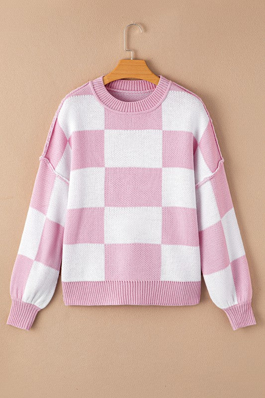 Women's Elegant Pink Checkered Bishop Sleeve Sweater