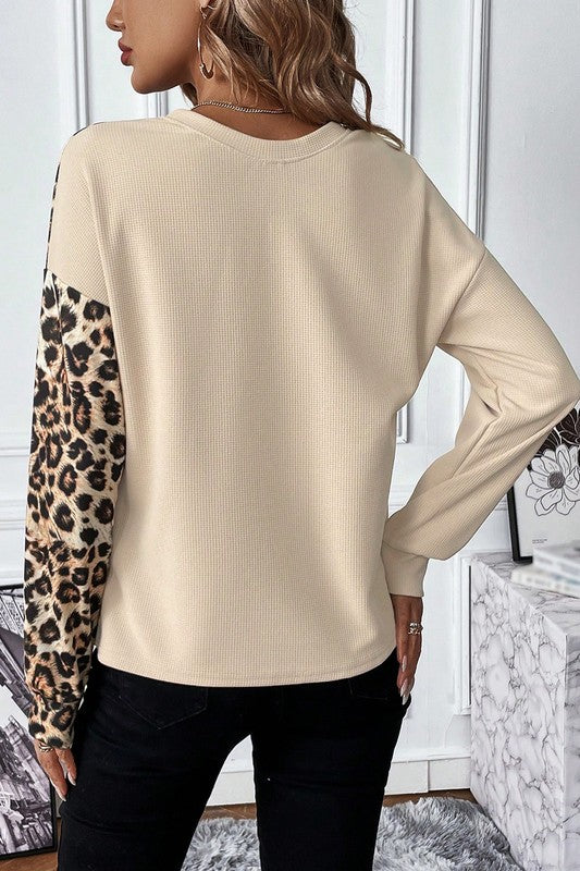 Women's Casual Leopard Colorblock Waffle Knit Top