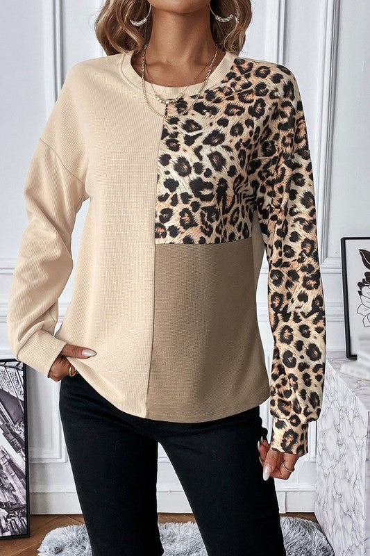 Women's Casual Leopard Colorblock Waffle Knit Top