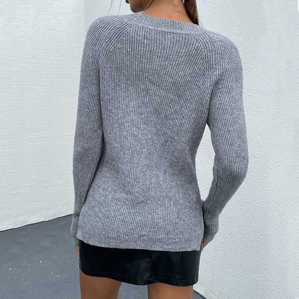 Women's Loose Fit Gray Beaded Shoulder Sweater