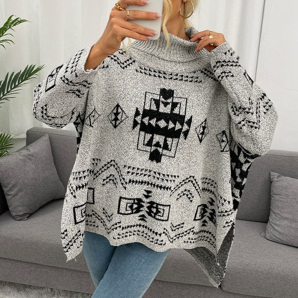 Women's Casual Grey Geo Pattern Turtleneck Drop Shoulder Sweater