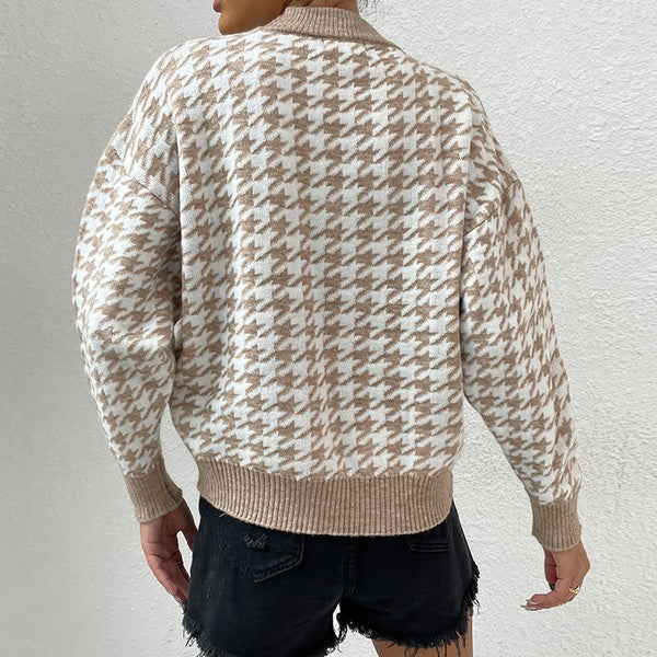 Khaki Houndstooth Pattern Drop Shoulder Sweater