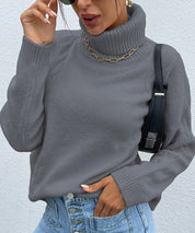 Women's Casual Grey Turtleneck Drop Shoulder Sweater