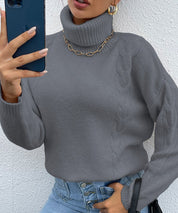 Women's Casual Grey Turtleneck Drop Shoulder Sweater