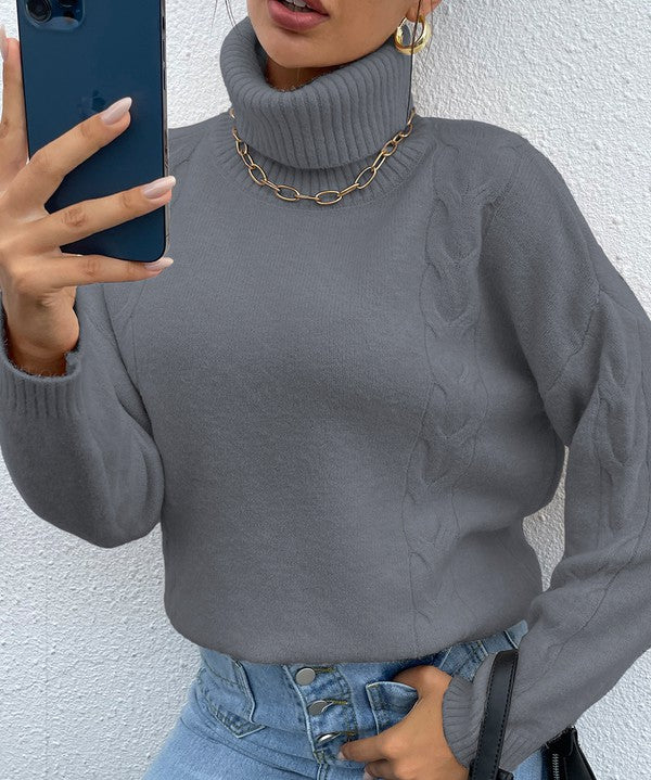 Women's Casual Grey Turtleneck Drop Shoulder Sweater