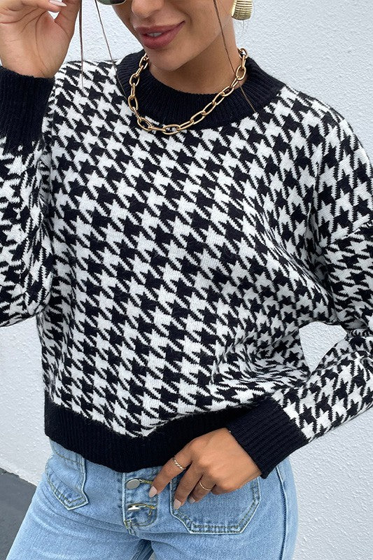 Women's Casual Loose Fit Houndstooth Drop Shoulder Sweater