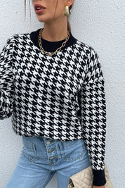 Women's Casual Loose Fit Houndstooth Drop Shoulder Sweater