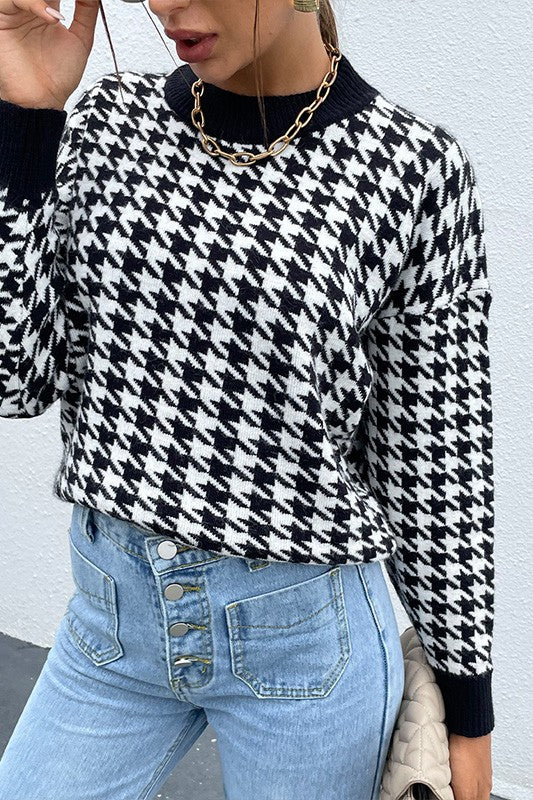 Black Houndstooth Pattern Drop Shoulder Sweater