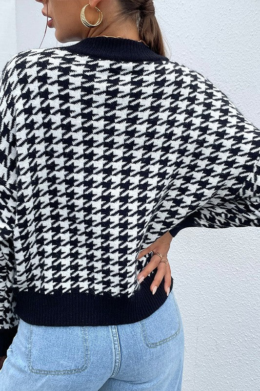 Women's Casual Loose Fit Houndstooth Drop Shoulder Sweater