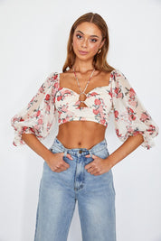 Women's Chic Floral Chiffon Balloon Sleeved Bustier Crop Top