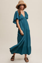 Women's V-Neck Ruffle Sleeve Maxi Dress