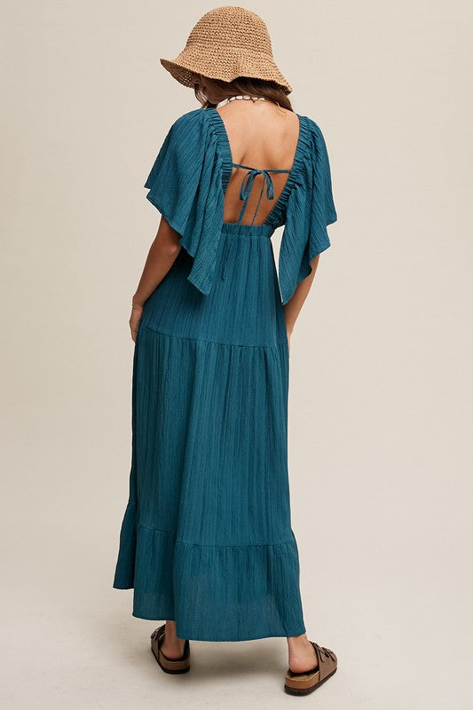 Women's V-Neck Ruffle Sleeve Maxi Dress