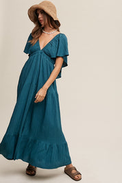 Women's V-Neck Ruffle Sleeve Maxi Dress