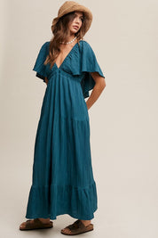 Women's V-Neck Ruffle Sleeve Maxi Dress