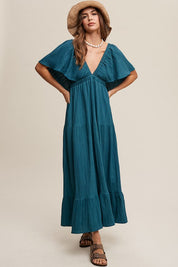 Women's V-Neck Ruffle Sleeve Maxi Dress